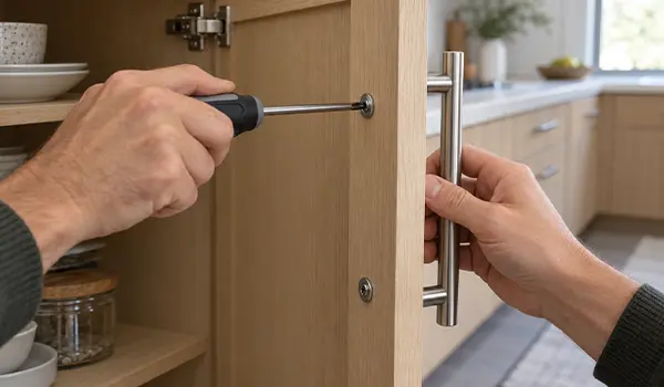 سفت کردن پیچ دستگیره کابینت از پشت در برای رفع لق شدن دستگیره