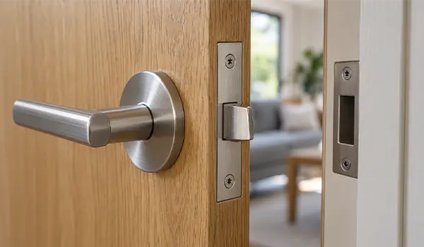نمای نزدیک زبانه قفل و دستگیره روی درِ نیمه باز برای بررسی جهت زبانه